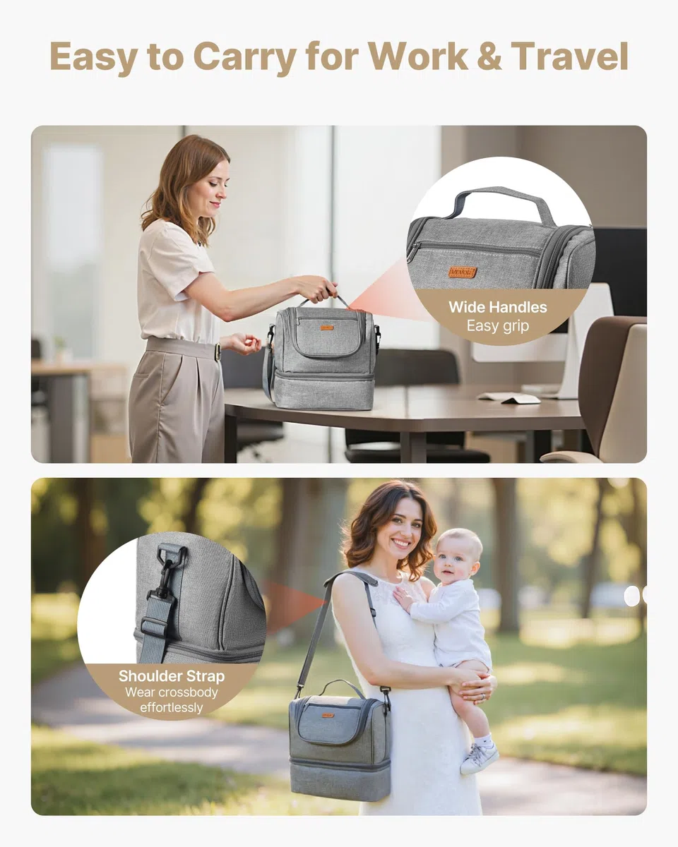VEVOR Borsa per Tiralatte, Borsa per Biberon con Impacchi del Ghiaccio, Accessori per l'Estrazione e Conservazione del Latte Materno, per Biberon di Latte per Lavoro, Viaggio, Grigio