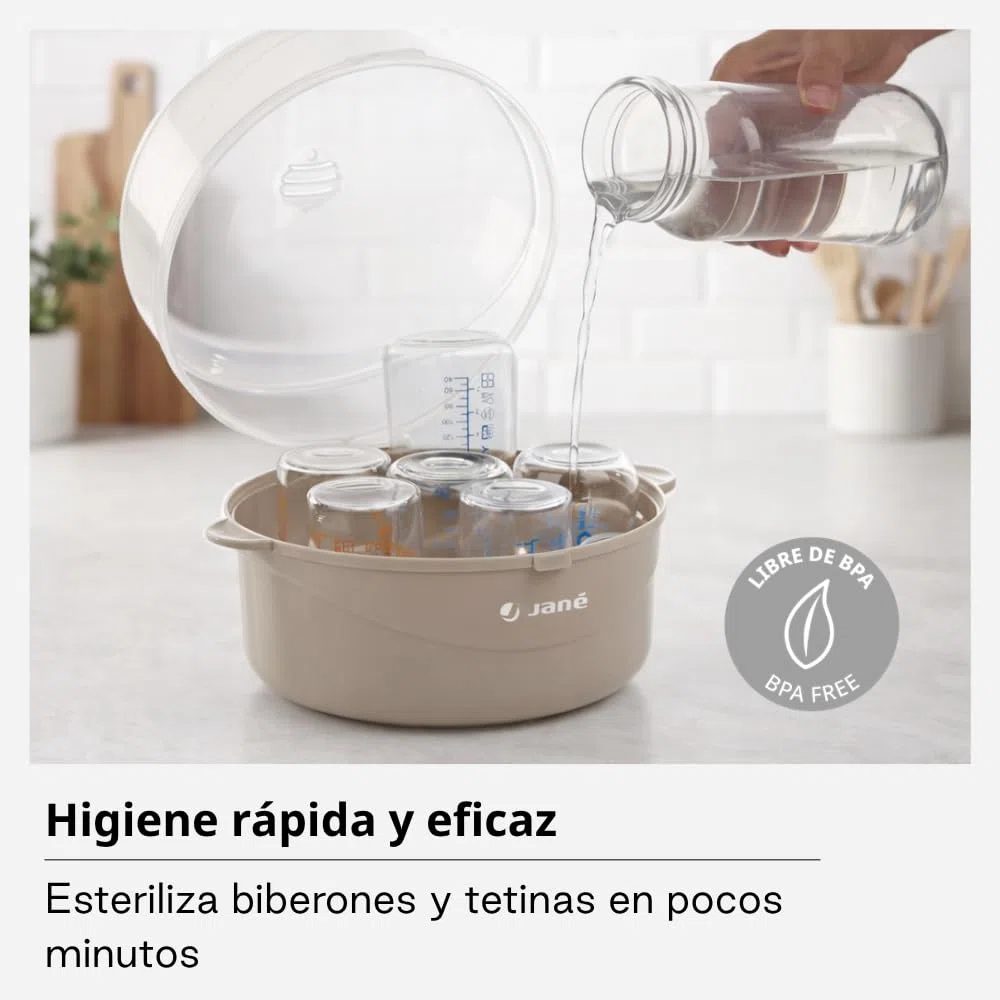 Jané Sterilizzatore per Microonde 6 Biberon, con Cestello per Tettarelle e Pinza, BPA Free, Grigio