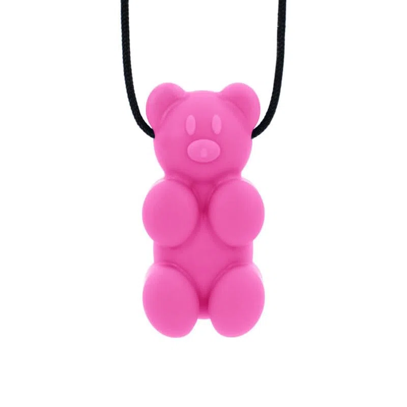 ARK - Collana da masticare a forma di orsacchiotto gommoso, senza sostanze nocive, in 3 gradi di durezza, supporto sensoriale per bambini e adulti, cordoncino regolabile (medio, rosa)