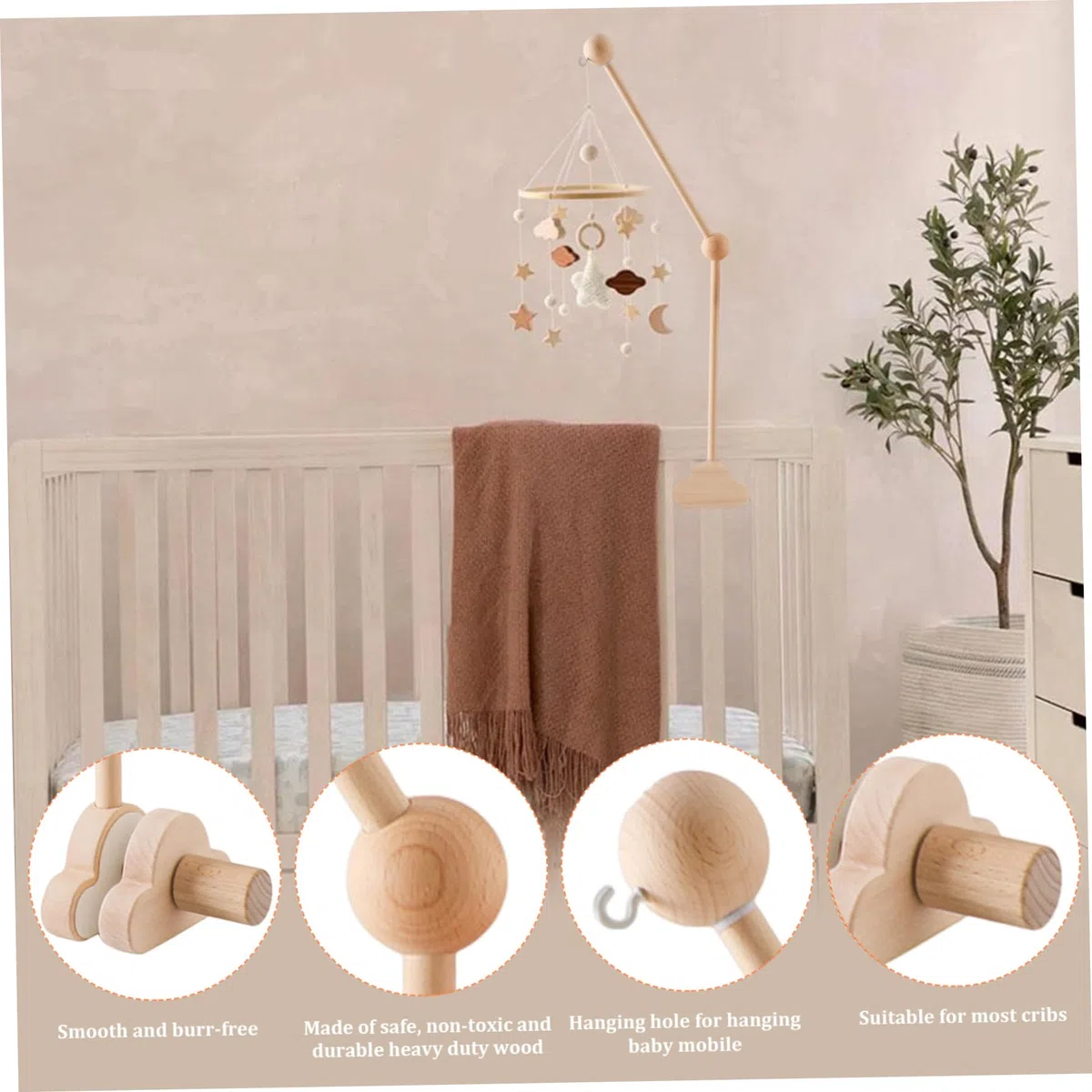 Braccio mobile per lettino da 27, 17 pollici Design a nuvola in legno Staccabile Gancio mobile per bambino regolabile in altezza Braccio per culla carino per letto Campana Campanelli eolici Gancio p
