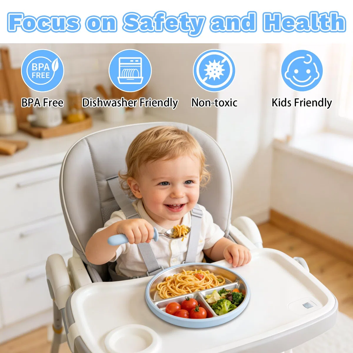 Sweetone 2 piatti per bambini con ventosa, senza BPA, in acciaio inox, antiscivolo, divisi con 2 forchette e 2 cucchiai, lavabili in lavastoviglie, ideali per mangiare autonomamente
