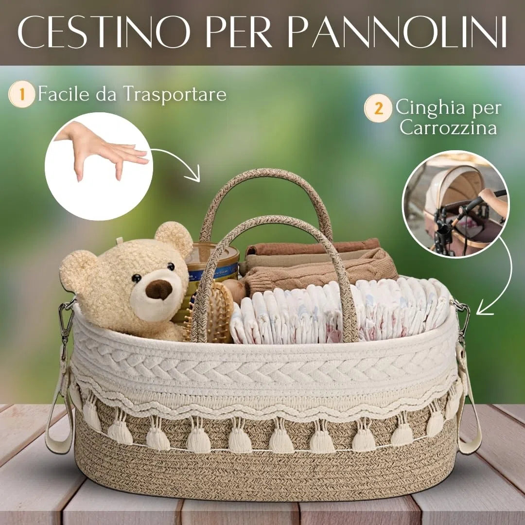 SEBRAM Organizer Fasciatoio per Neonati – Organizer Pannolini Beige Boho, Cesta Fasciatoio Neonato con Tracolla Regolabile & Tasche Termiche/Include maniglie bianche (vedi video)