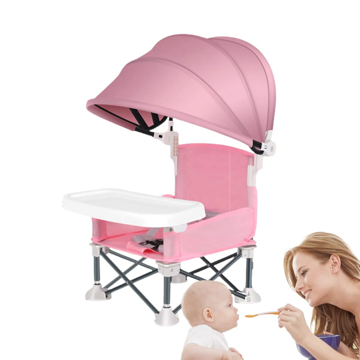 Seggiolino Pieghevole Per Bambini, Seggiolino da Viaggio con Vassoio per Pasti, Sedia Pieghevole Per Bambini Con Parasole Per Spiaggia Giardino Casa Campeggio Picnic Esterno
