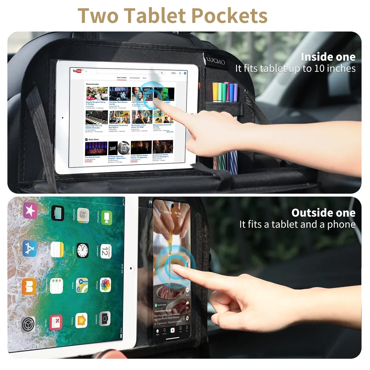 LUCMO Organizer per sedile posteriore con supporto per tablet, 6 tasche portaoggetti portaoggetti per auto con vassoio pieghevole per alimenti, protezioni per sedili auto, accessori da viaggio