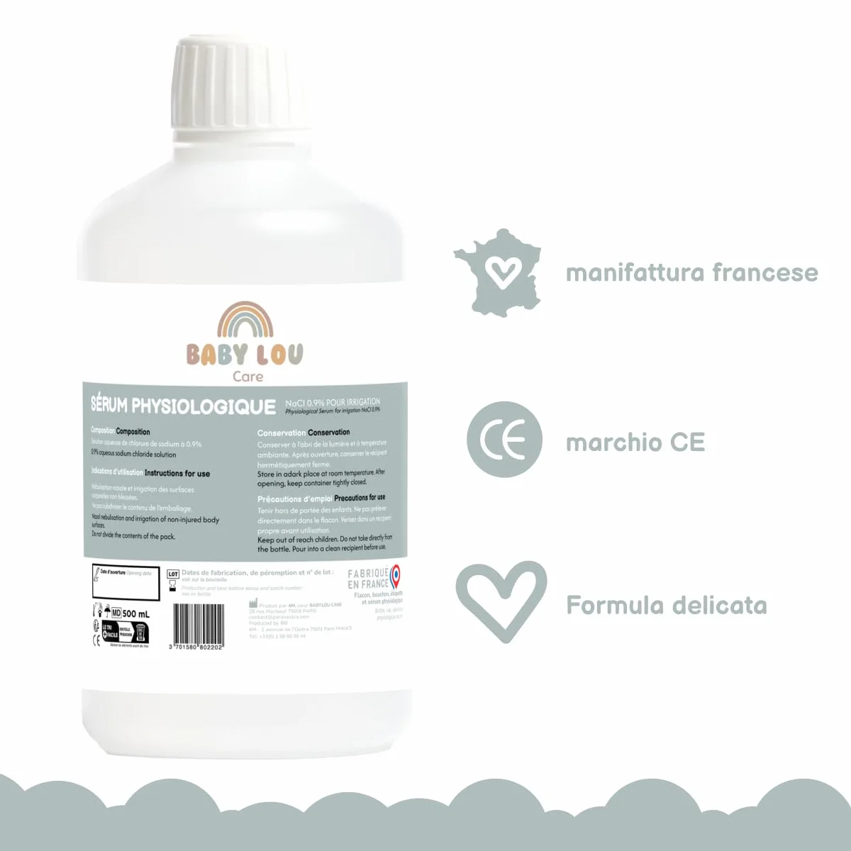 Siero fisiologico in bottiglia 5x500ml | NaCl 0,9% | Prodotto in Francia | Lavaggio delle fosse nasali | Igiene del naso | Per irrigazione esterna