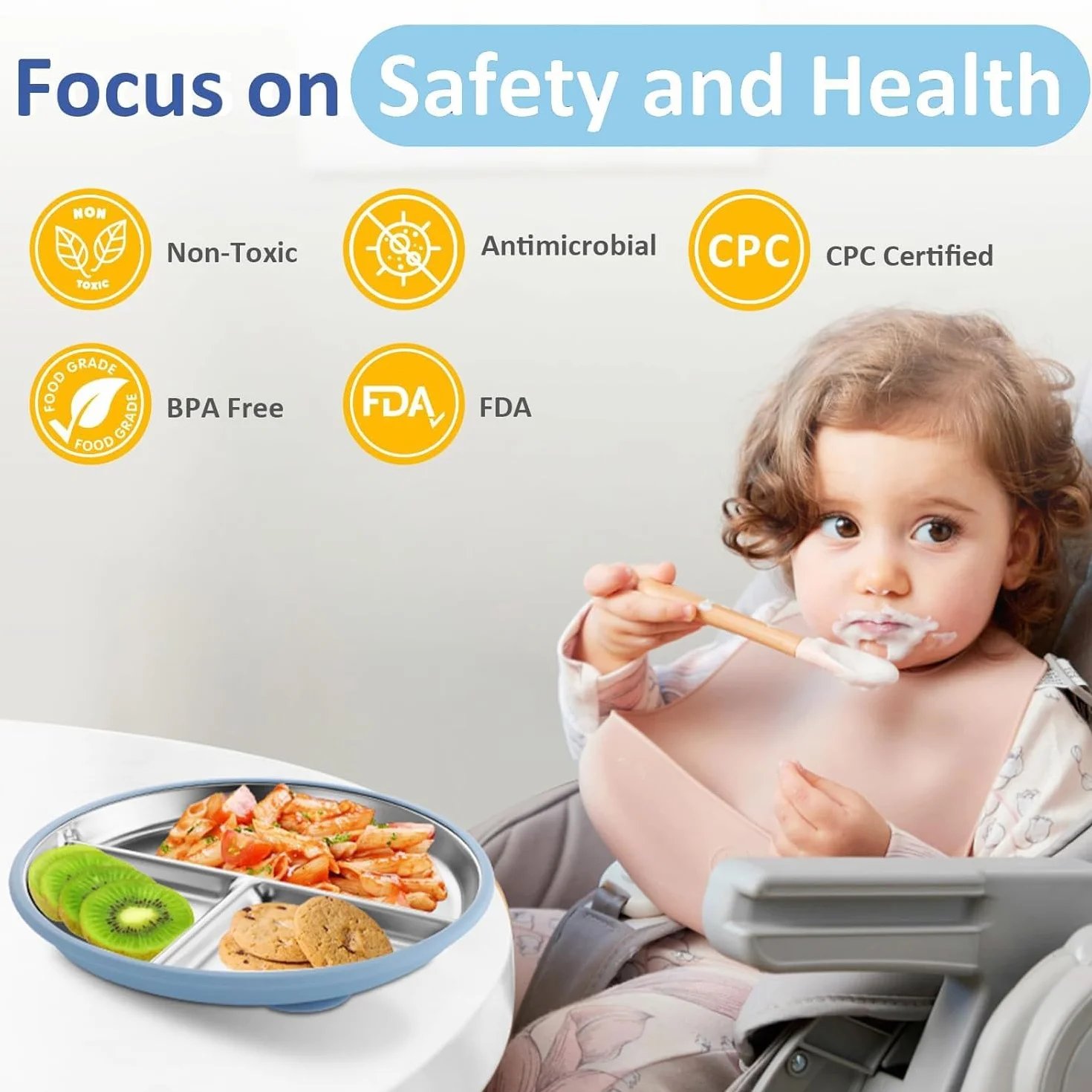 Set da 2 Piatti in Acciaio Inossidabile con Ventosa per Neonati e Set da 1 Cucchiai e Forchette, Bambini Pappa Svezzamento Piatto, Piatti Divisi per Alimentazione Autonoma, Senza BPA
