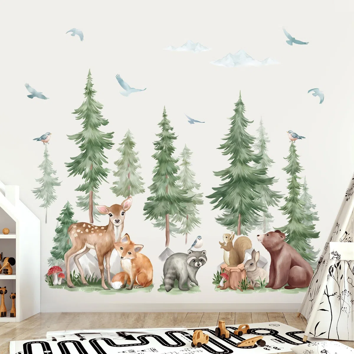wondever Adesivi Murali Animali Foresta Albero Grande Sticker da Muro Cervo Orso Volpe Montagna Adesivi da Parete per Camerette Bambini Asilo Nido