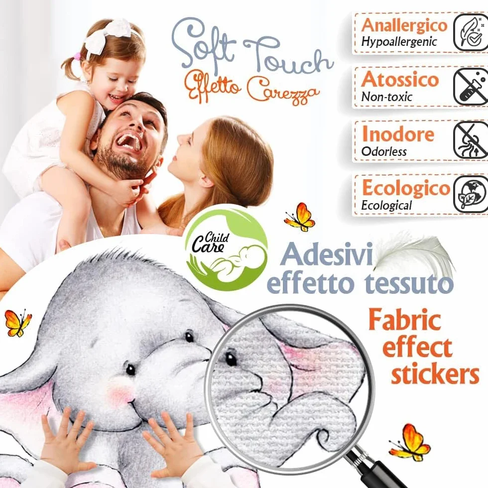 kina - Adesivo Murale Bambini Decorazione Parete Cameretta R00645 - Materiale Eco-Tessuto, Ecologico Anallergico, Riposizionabile, Effetto Carezza, Asilo Nido - Grafica Savana e Misura 120x30 cm