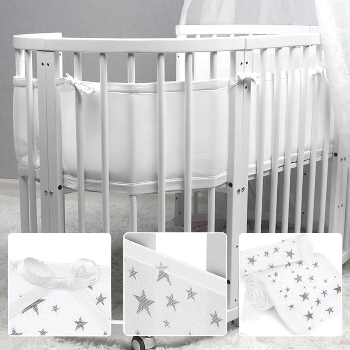 Paracolpi Lettino,2 Pezzi Paraurti in Rete Traspirante a Circolazione d'Aria,4 Lati Paraurti COT Baby Protezione,Regolabile Rimovibile,Lavabile -340cmx30cm + 160cmx30cm (Stella Bianca)