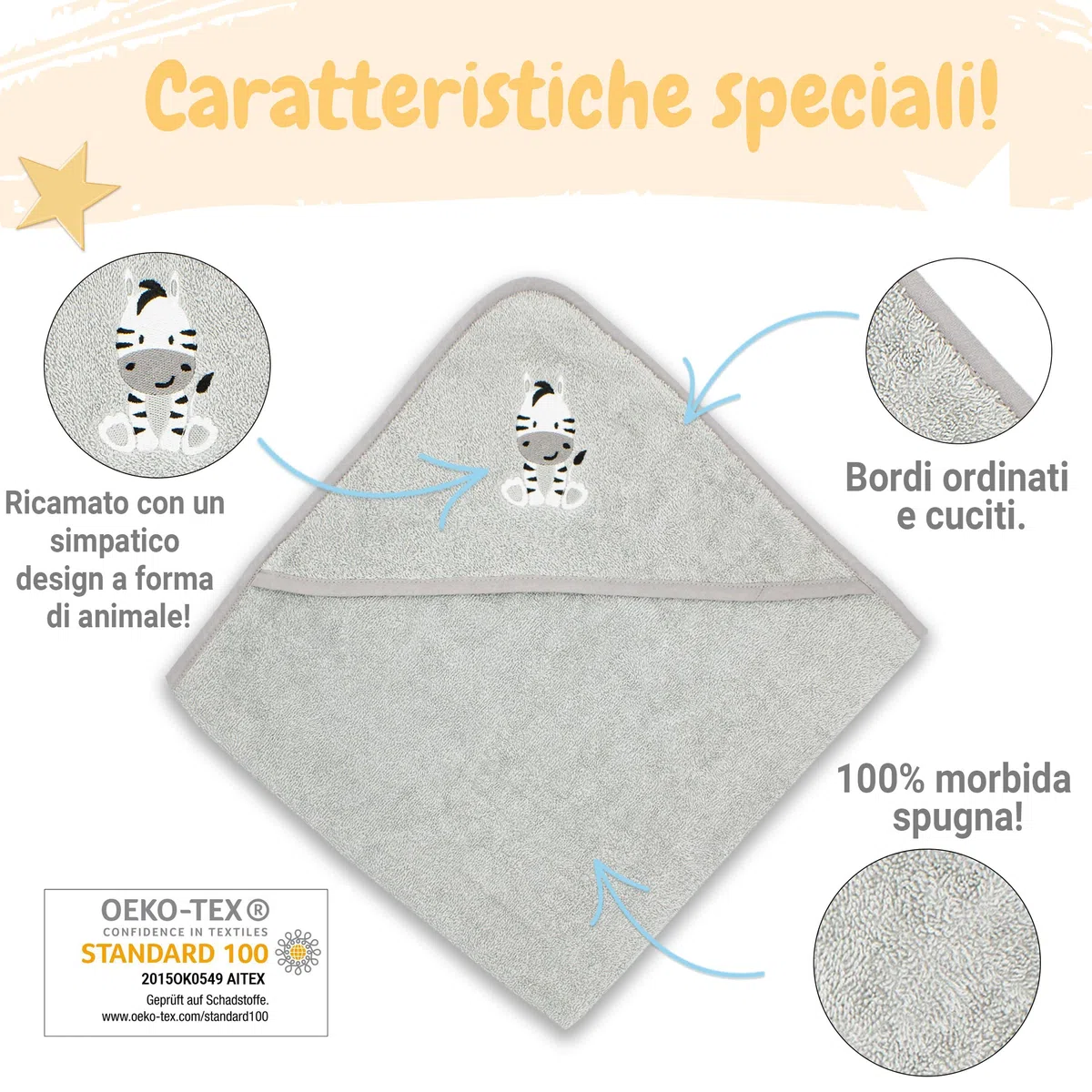 Babykajo Set Accappatoio per Neonati con 2 Guanti da Bagno in Oeko-Tex Standard 100 Certificato, Asciugamano con Cappuccio in Morbida Spugna, Primo Asciugamano con Cappuccio per Bambini 80x80 cm