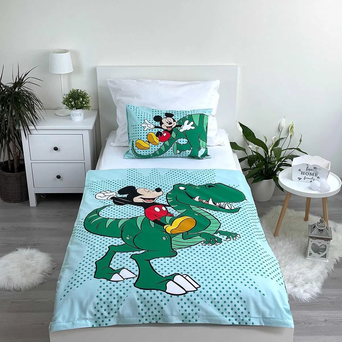 Lenzuola Dinosauro lettino verde - Biancheria da letto per bambini dinosauro Disney con Topolino - Lenzuolo reversibile dinosauro per culla - Completo letto Topolino misura 100 x 135 cm, 40 x 60 cm