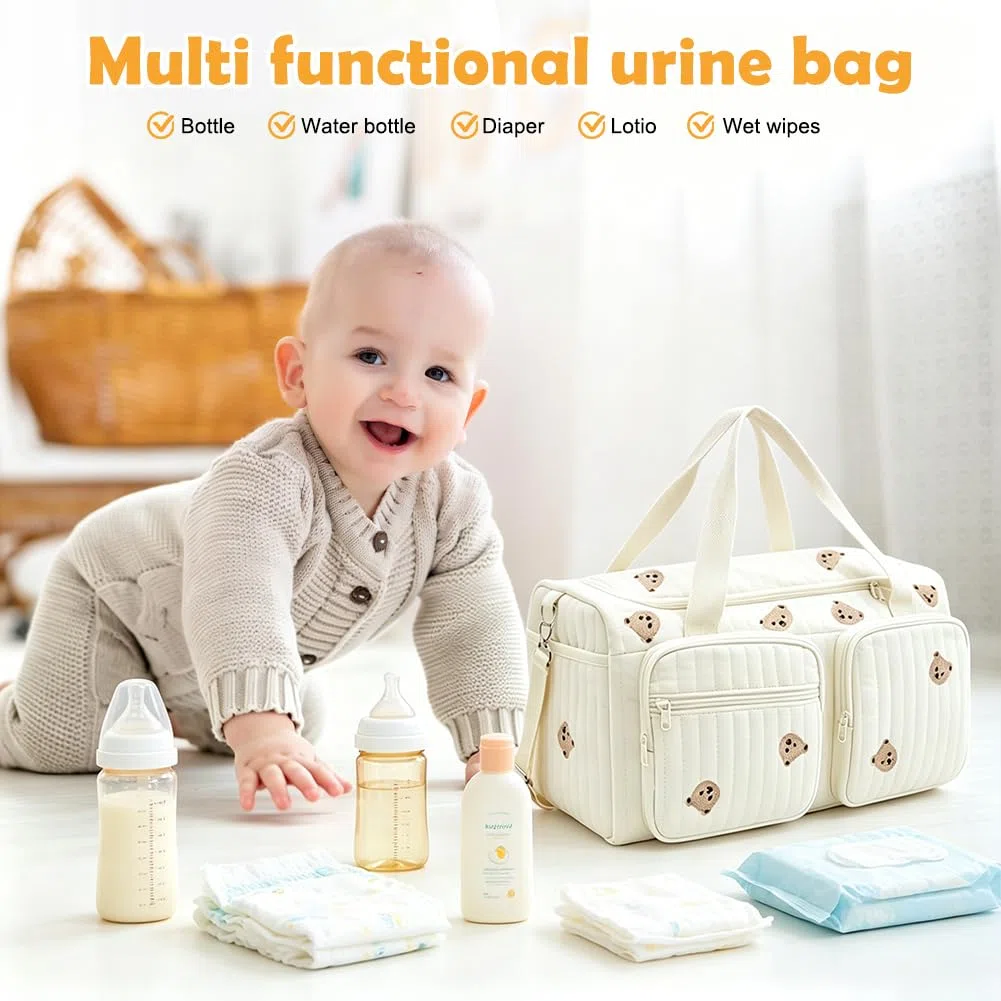 Borsa fasciatoio versatile per mamme, bambino e maternità, borsa fasciatoio, passeggino per mamme, cerniera con ricamo, orso, stampato, per nascita in ospedale, viaggi, passeggino