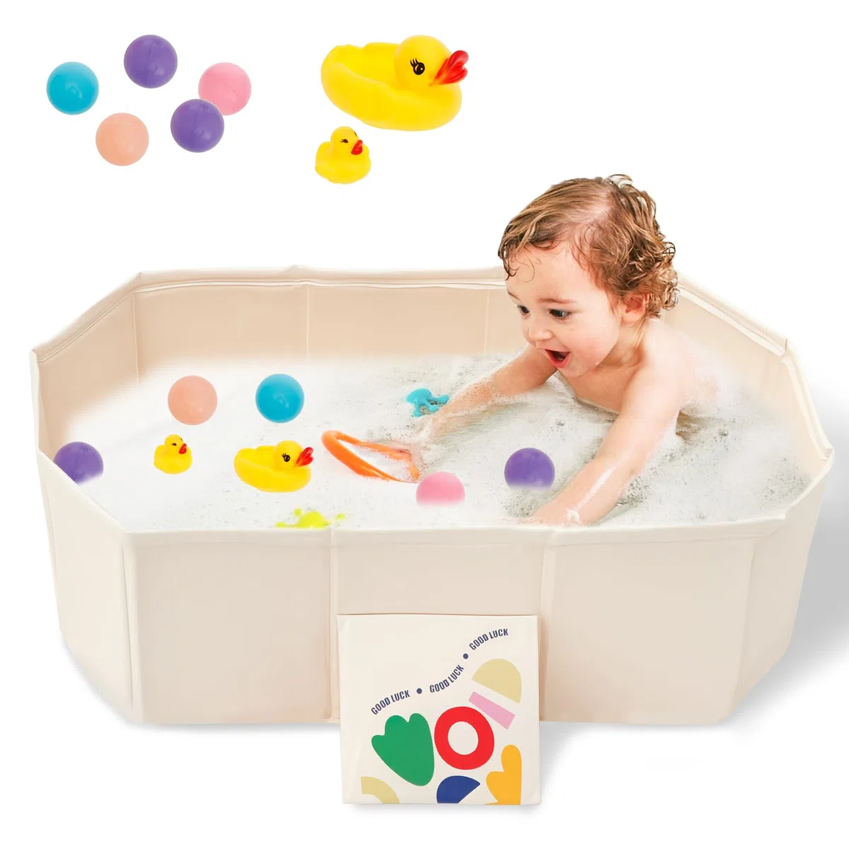 Vasca da bagno pieghevole con 5 palline, 2 anatre, vasca da bagno integrata per bambini con vite di scarico, vasca da doccia portatile, navicella integrata per bambini da 0 a 8 anni