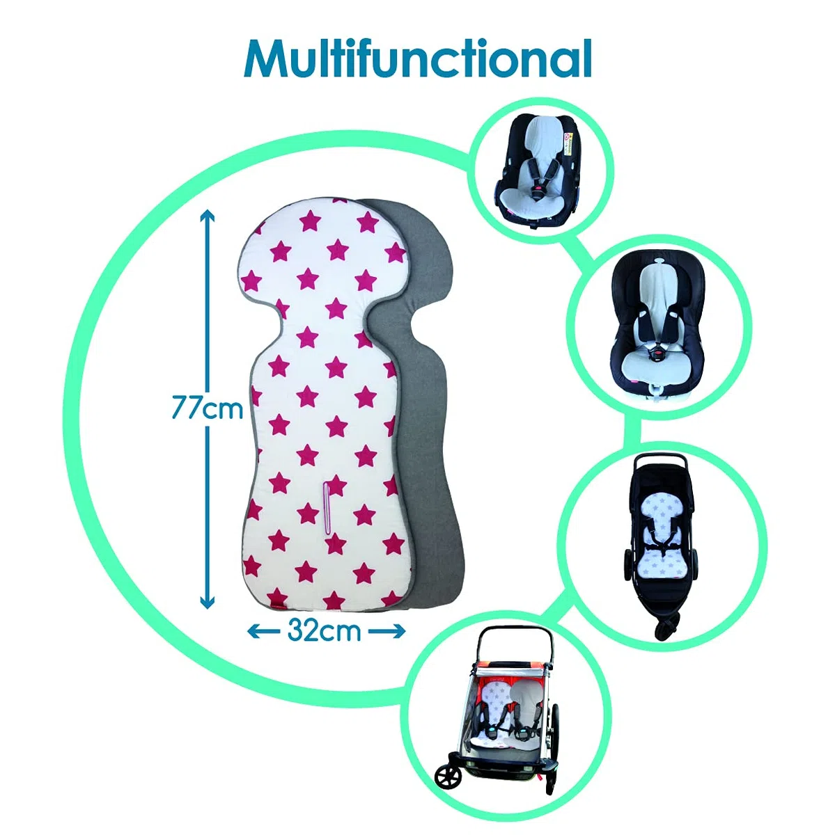 ByBoom Basics imbottitura per il seggiolino del bebè, 77x32 cm, per ovetto, passeggino, buggy, p.es. per Maxi-Cosi, Inglesina, Chicco, Peg Perego, con lato in 100% cotone e lato in spugna, Made in EU