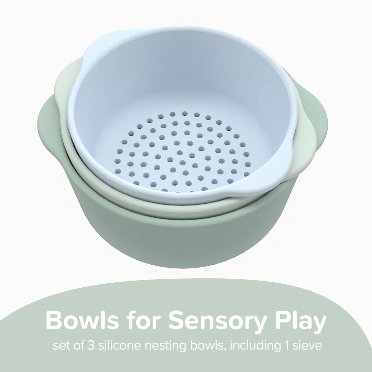 Inspire My Play,3xciotole e setaccio in silicone,Accessori perfetti per vassoio sensoriale,Giocattoli per attività e sviluppo precoce,Giocattoli per l'apprendimento Montessori