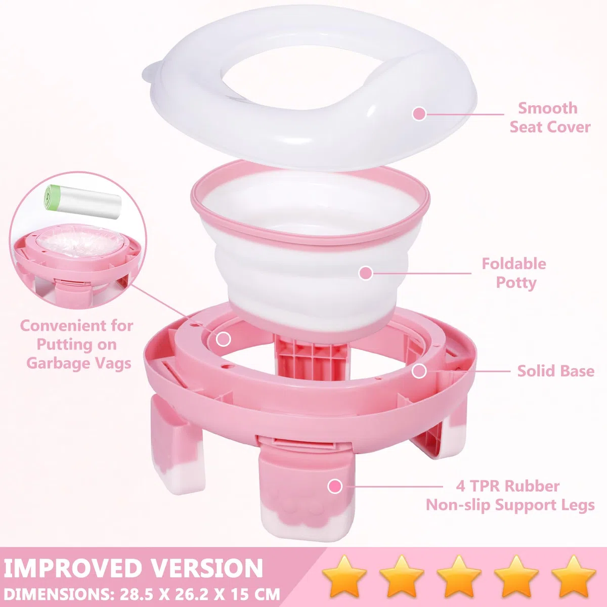 Vasino Portatile per Bambini da Viaggio, Wc Portatile Bambini, con 2 Rotolo Borsa per Vasino, 2 Adesivi di Ricompensa, Borsa di Stoccaggio, Water Portatile Bambini, Rosa