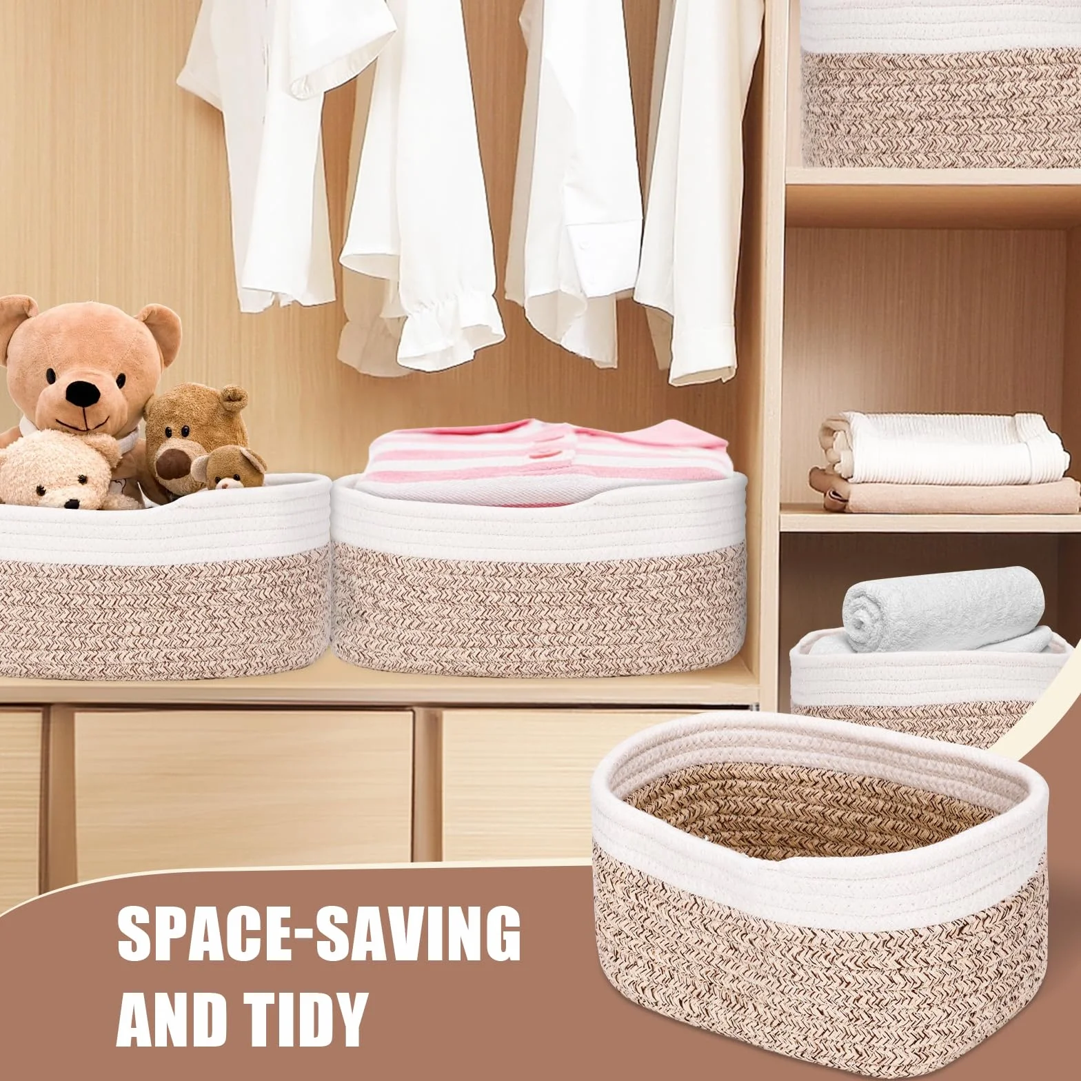 Set di 4 Cestini Portaoggetti Intrecciato in Corda di Cotone –Organizer Fasciatoio,Cesto Portaoggetti,Cestini impilabili per bagno, cameretta, fasciatoio, giocattoli, cosmetici e decorazioni