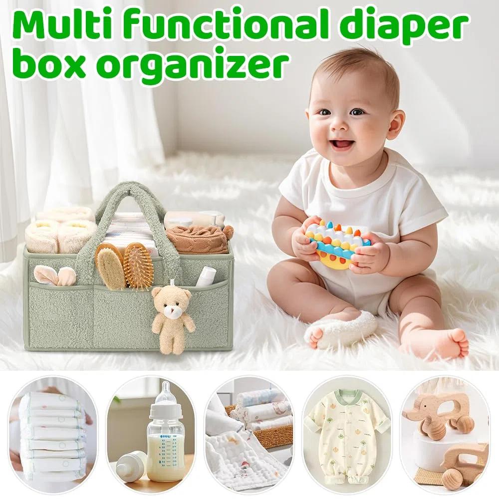Borsa Porta Pannolini Organizer, Organizer Per Pannolini Per Bambini con Scomparti e Maniglie, Portatile Organizers Fasciatoio per Neonati, Baby Diaper Caddy (Verde)