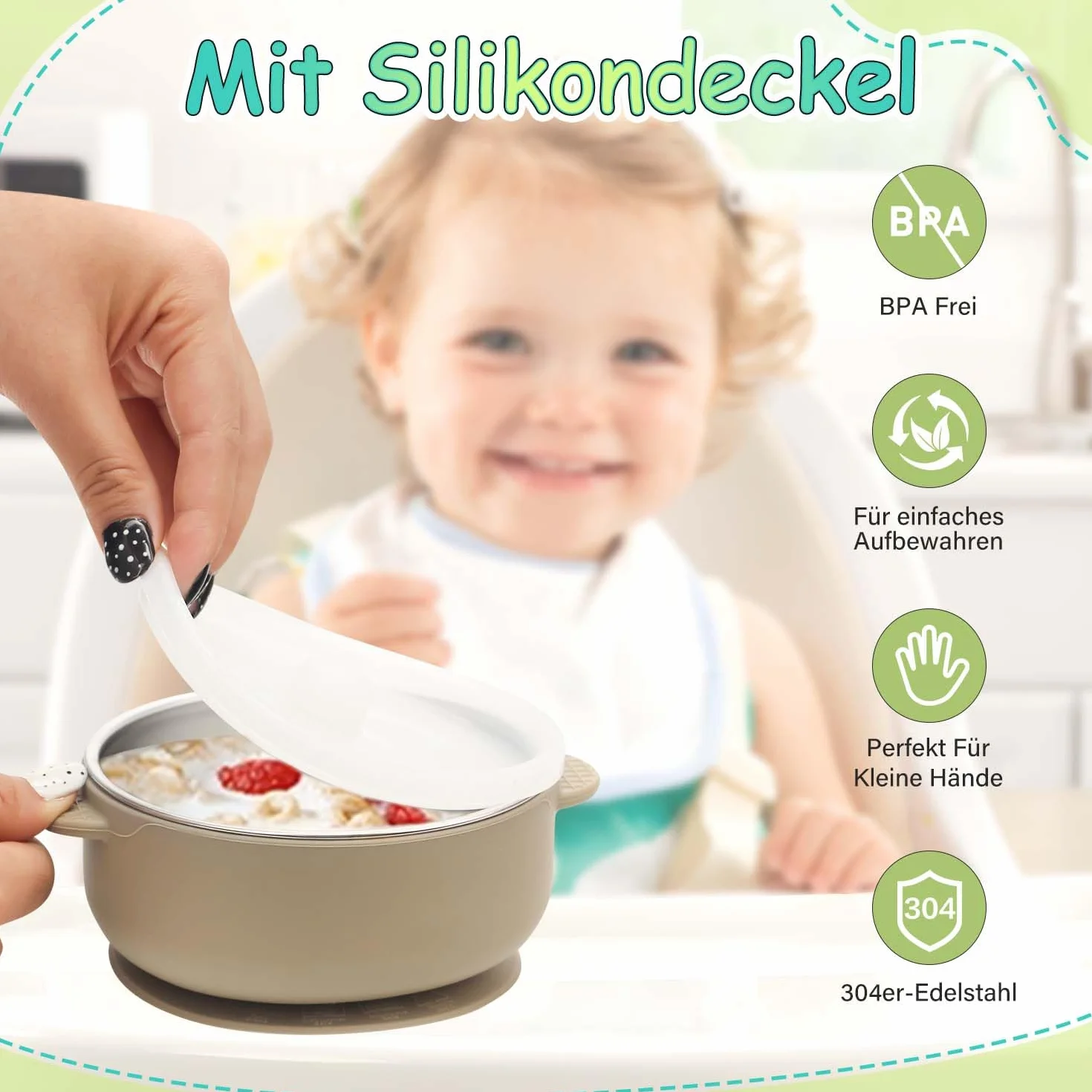 3 ciotole in acciaio inox con ventosa e coperchio, in acciaio inox, per bambini, antiscivolo, per porridge e snack, senza BPA, lavabile in lavastoviglie