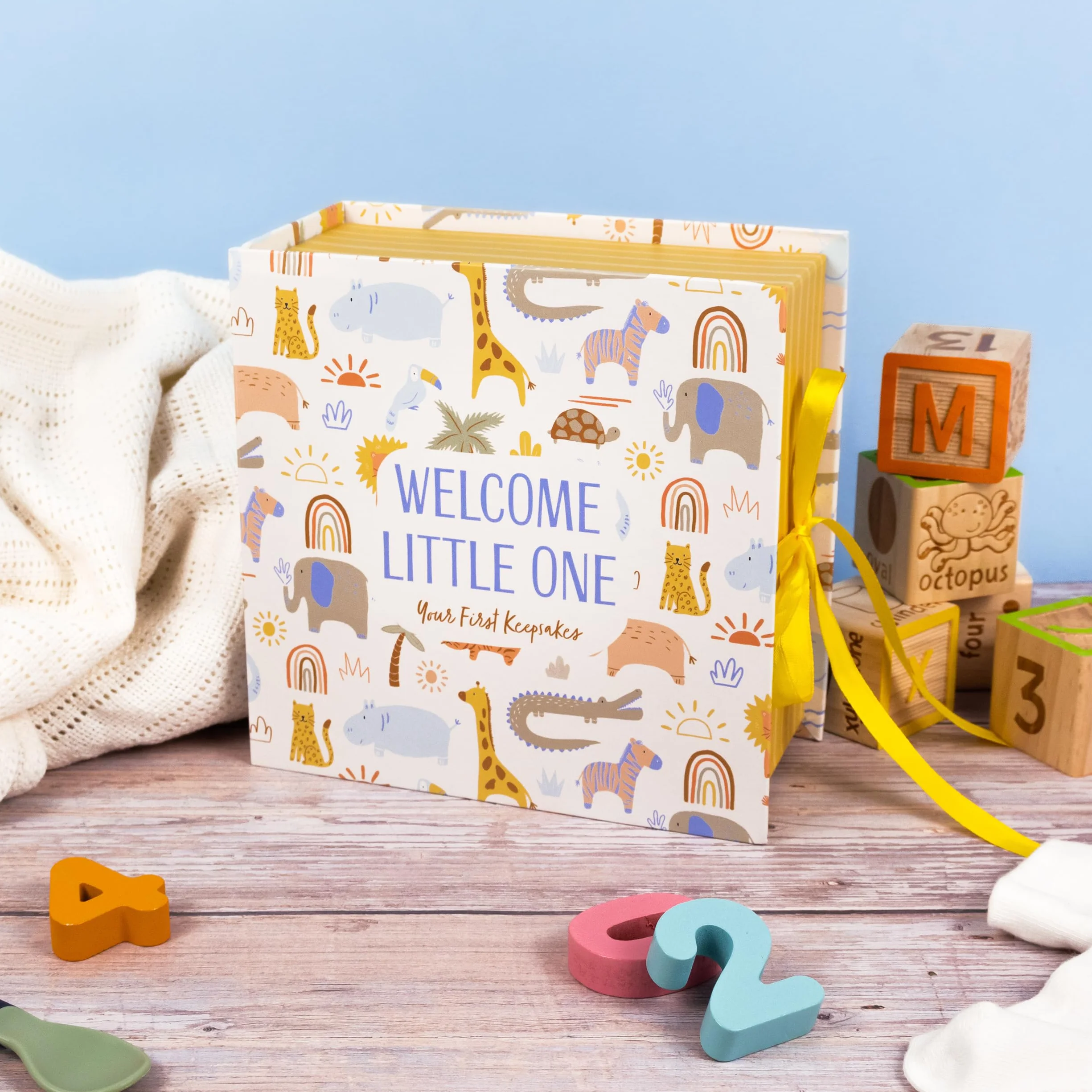 Scatola per Ricordi del Bebè con Animali della Ninna Nanna – Scatola dei Ricordi con 6 Cassetti per Mementos del Neonato – Regalo per Bambino con Chiusura a Nastro