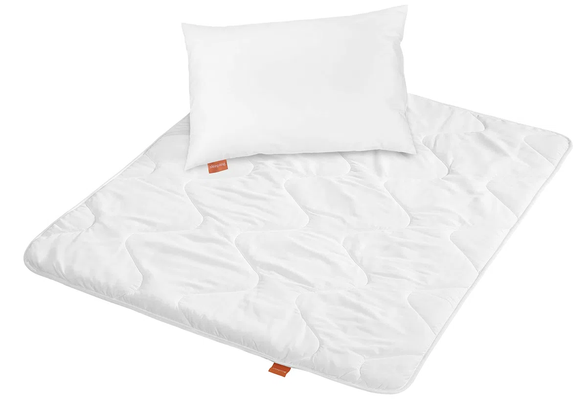 sleepling 197121 set per lettino bambini composto da piumino per tutto l'anno 100 x 135 cm e cuscino per bambini 40 x 60 cm, 100% microfibra, anallergico, bianco