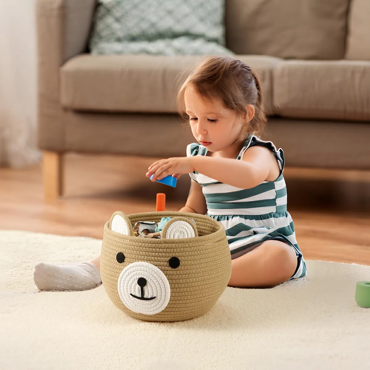 PandaEar Cesto in Corda di Cotone per Bambino, Cesto Regalo per Bambino, Organizzatore per Lenzuola da Nursery con Design Adorabile di Orso per Conservare gli Essenziali per Neonati (Marrone)