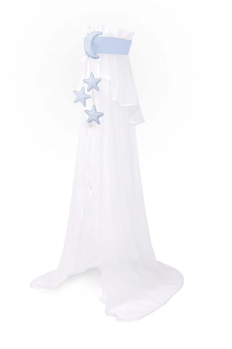 Amilian Cielo per lettino con fiocco, decorazione per la cameretta dei bambini, baldacchino, tenda da letto; cielo di luna/stelle blu chiaro (made in UE)
