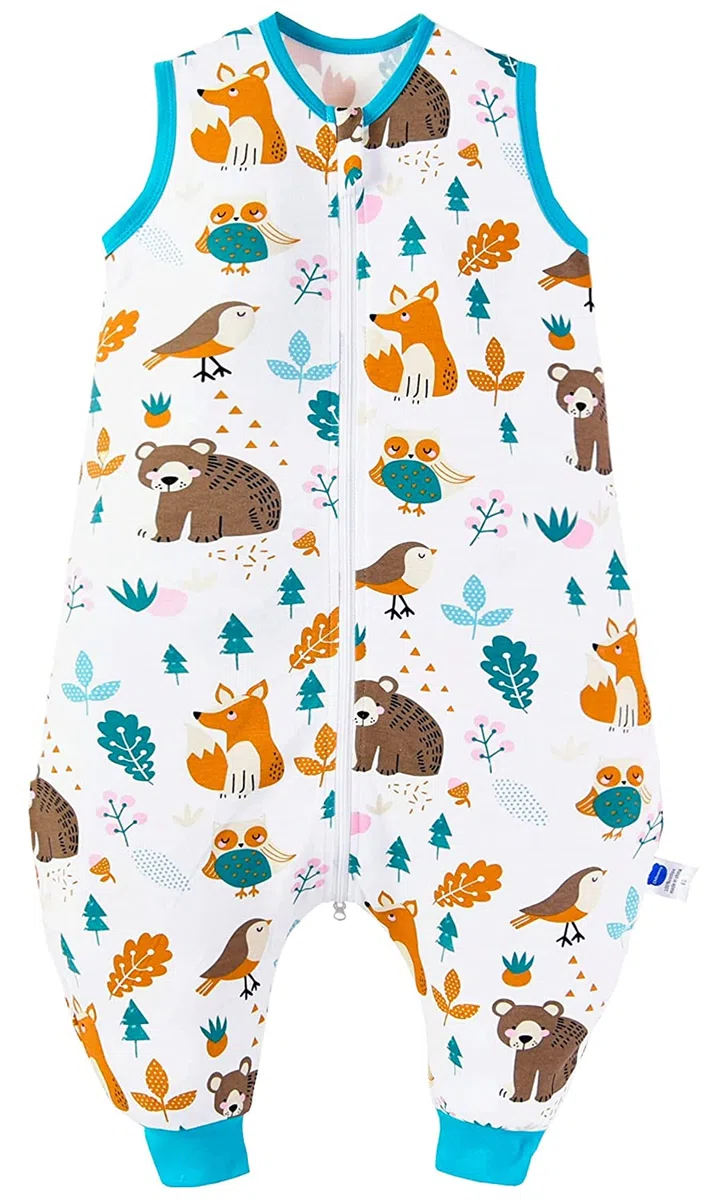 Chilsuessy - Confezione da 2 pezzi, sacco nanna estivo con piedi, 0,5 Tog, 100% cotone, per bambini e bambine, motivo animali della foresta, 100 cm (1 confezione)