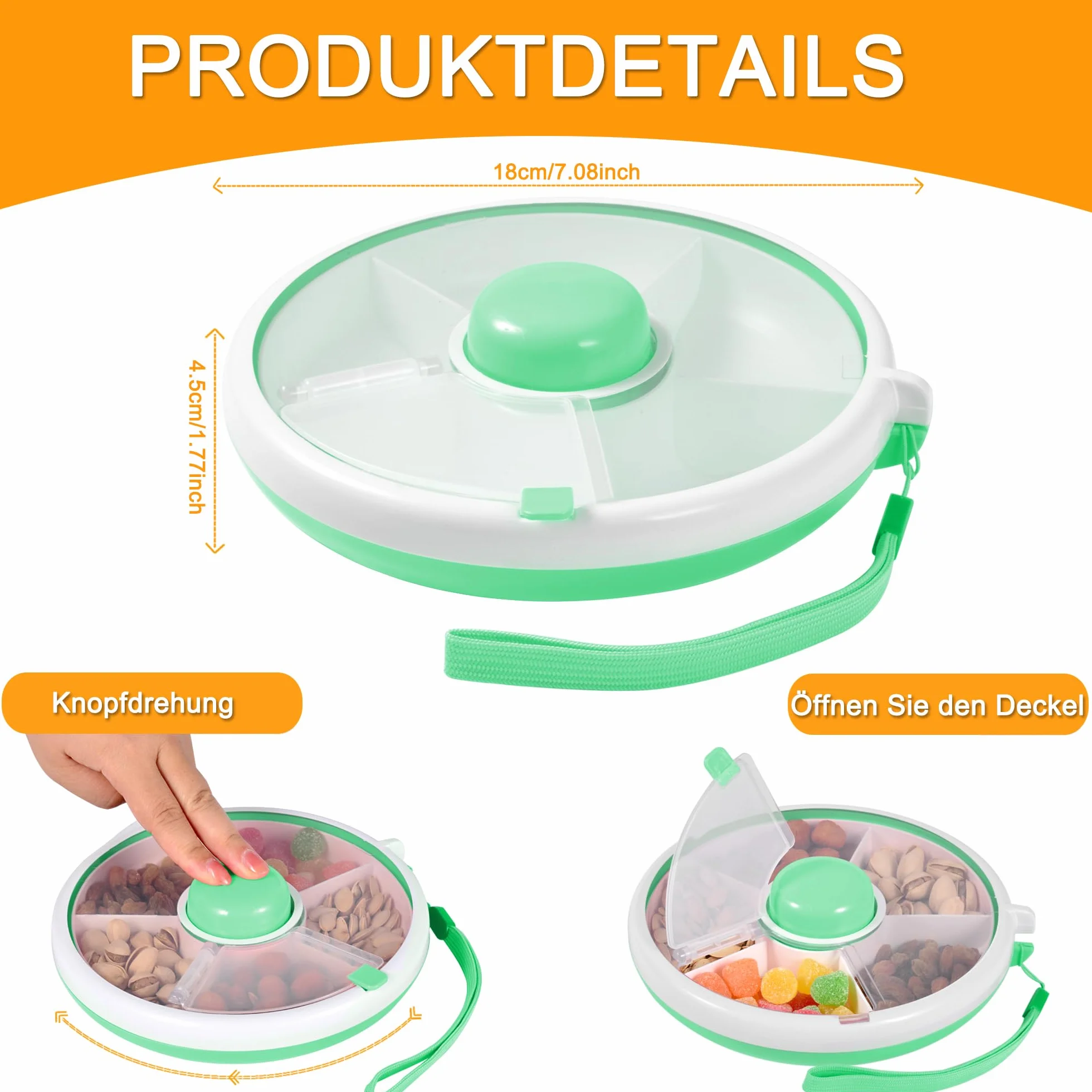 Snack Spinner - Contenitore per snack per bambini, con scomparti, rotondo, riutilizzabile, per snack, melone, caramelle, frutta