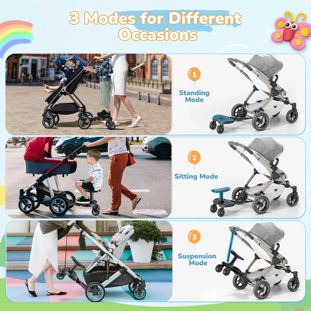 pedana passeggino universale Con Sedile, Portatili Seggiolino Passeggino Secondo Bambino, Compatibile con il 99% Delle Carrozzine, per Bambini Da 2 A 6 Anni Portata 25 kg