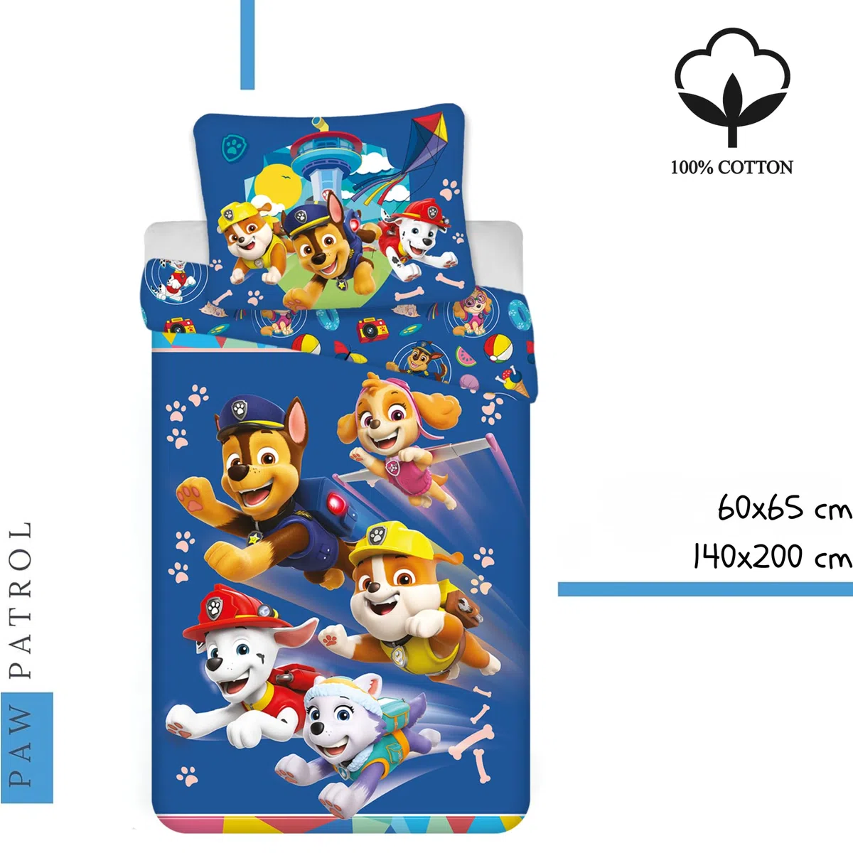 Paw Patrol, set di biancheria da letto per letto singolo, 140 x 200 cm, con federa 60 x 65 cm, 100% cotone, design "Rescue Team Adventure", biancheria da letto per bambini, morbida e traspirante