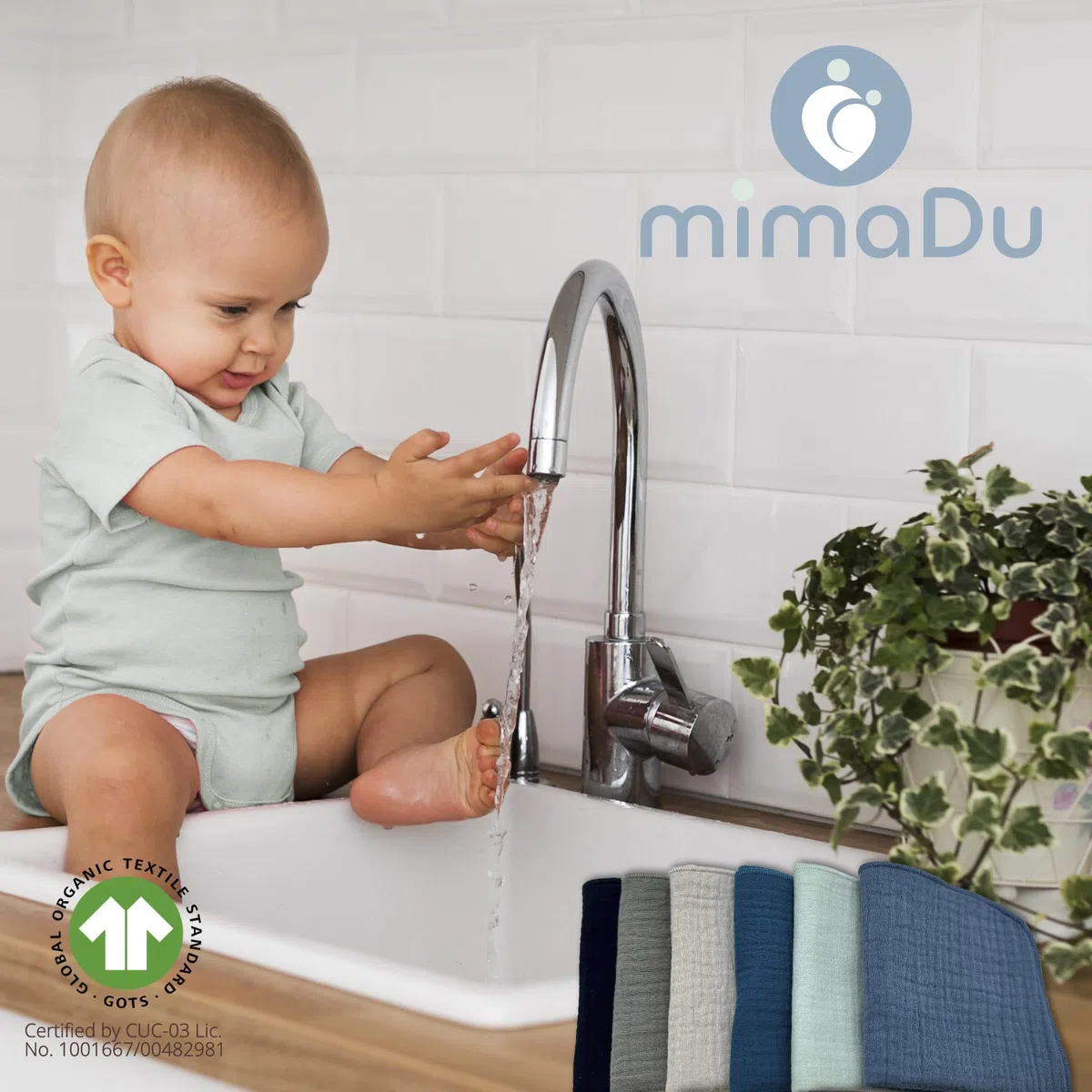 mimaDu - Set di 6 panni in mussola per bambino, in cotone biologico GOTS, 25 x 25 cm, extra morbidi, assorbenti, piccoli asciugamani per la cura del bambino (blu, ocean)