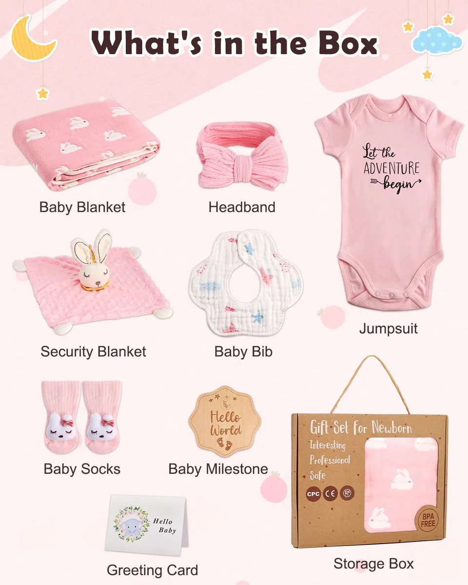 Lictin Set Regalo Neonato per Bambini e Bambine-neonata femmina regali,Regali Nascita con bavaglini, coperta di sicurezza per coniglietti, calzini, pietre miliari in legno, ecc. regali per bambine.