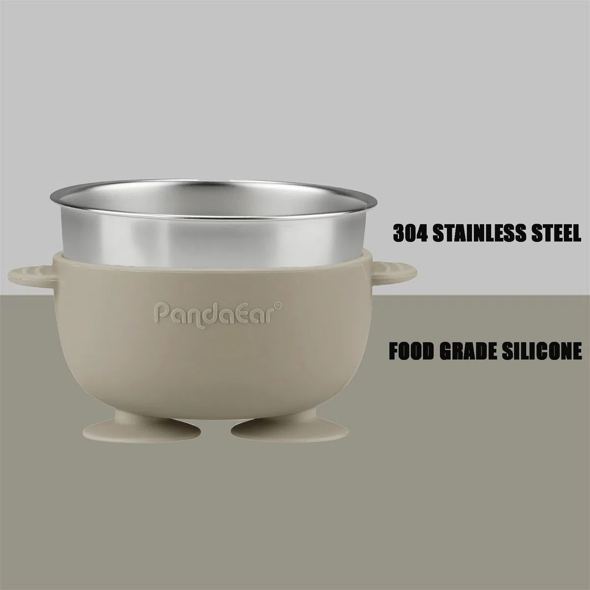 PandaEar Set 3 Ciotole Inox con Ventosa e 3 Cucchiai in Silicone | Ciotole Antiscivolo per Neonati e Bimbi, Perfette per Svezzamento BLW, Senza BPA (Lino, Marrone, Grigio)