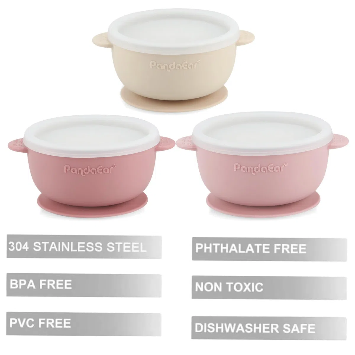 PandaEar Set Da 3 Ciotole A Ventosa In Acciaio Inox Per Bambini Con Coperchi, Ciotole Antiscivolo Per Bambini, Neonati E Toddler Con Rivestimento In Silicone (Rosa)