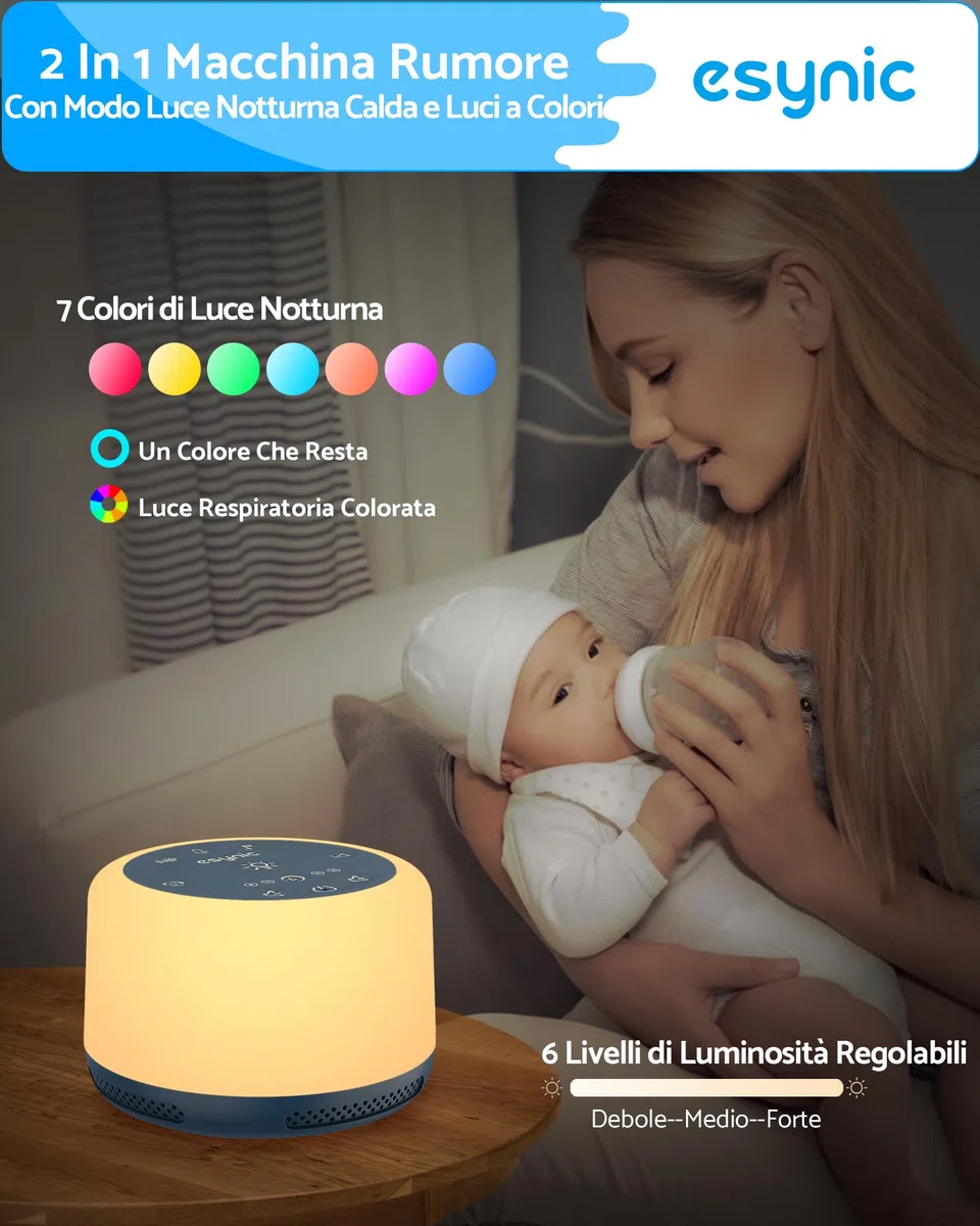 ESYNiC Rumore Bianco Neonato 30 Suoni con Luce Notturna 7 Colori Luminosità Regolabile Macchina Rumori Bianchi Ricaricabile Funzione Timer Memoria Registrazione Vocale per Bambini Adulti - Blu