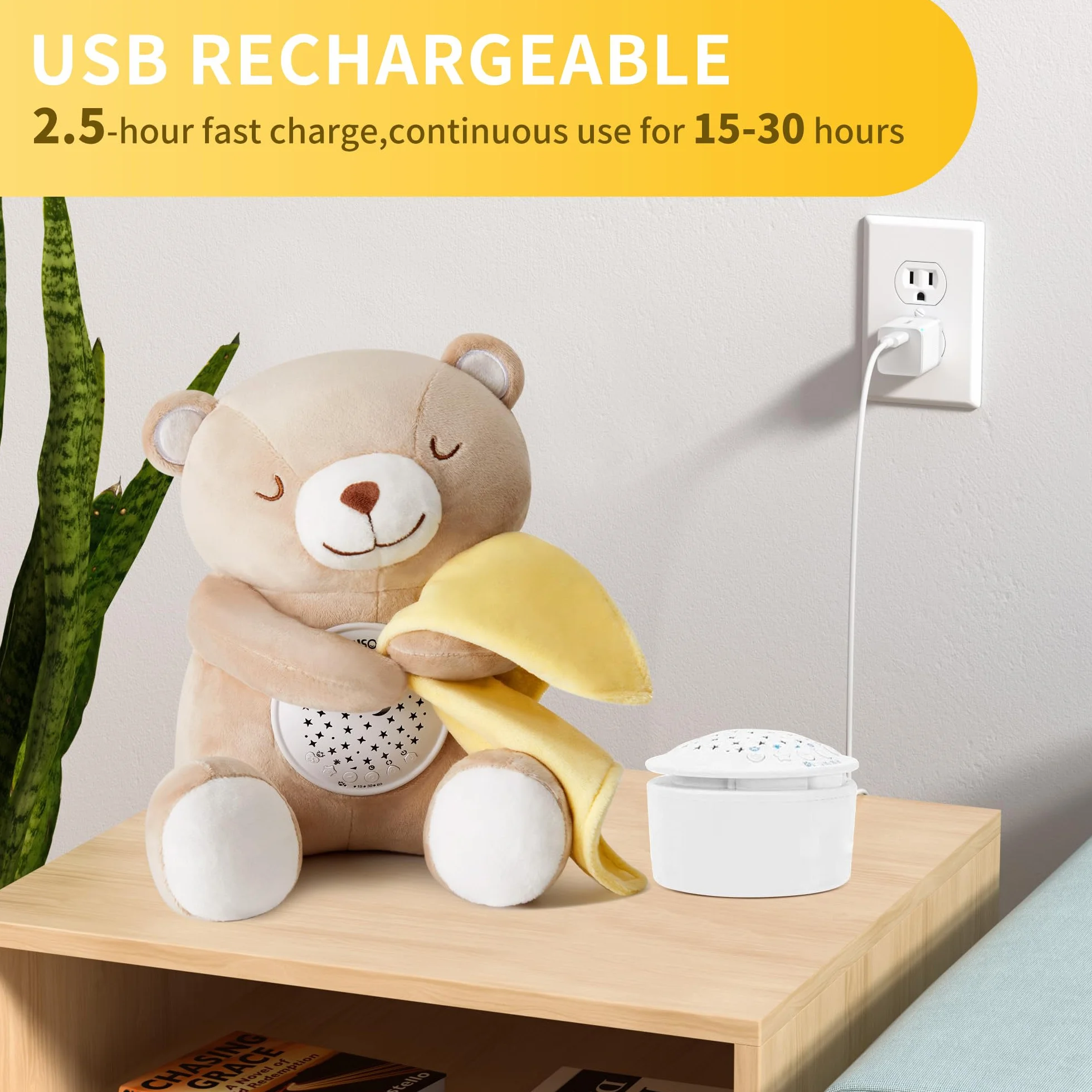 APUNOL Carillon Neonati, Peluche per Nanna, Luce Notturna Bambini Ricaricabile USB Regalo Neonate Giocattolo Teddy con Sensore di Pianto, Proiettore Stele e Rumori Bianchi