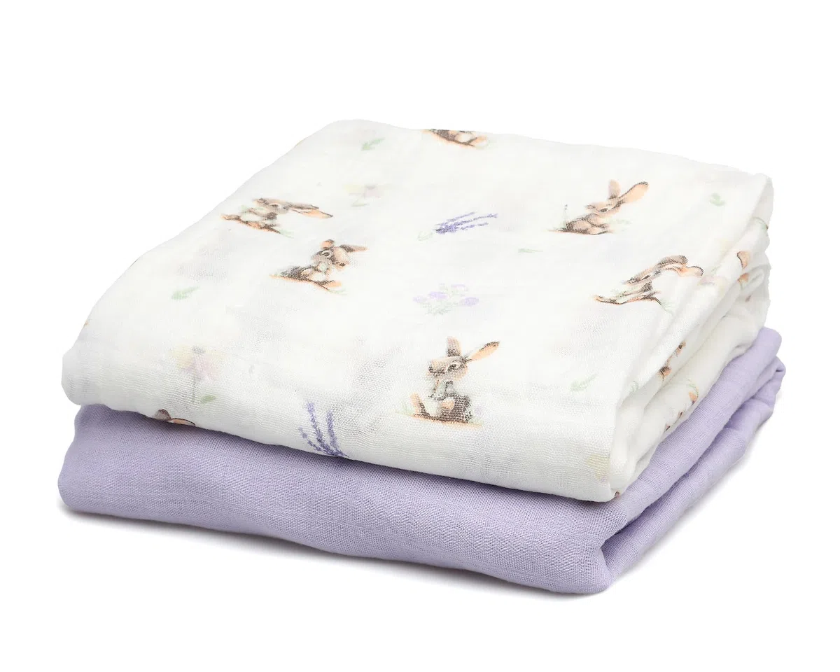 Kiokids | Set 2 Mussole, Coniglietti e Lavanda | Collezione Petit Moments | 70% bambù e 30% cotone | Ultra morbido | Antibatterico e termoclimatico | Protettore UV |+0 mesi | 120x120cm