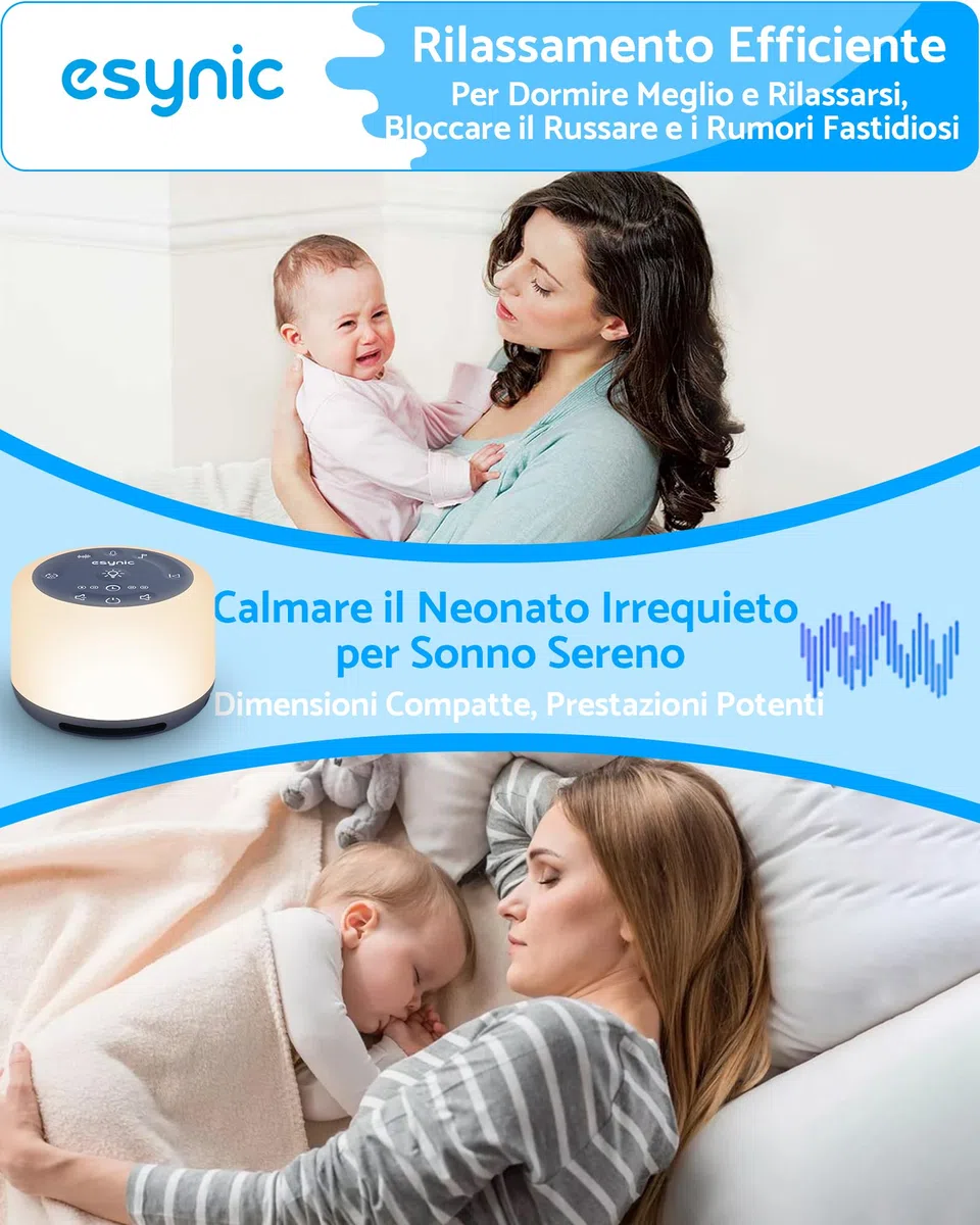 ESYNiC Rumore Bianco Neonato 30 Suoni con Luce Notturna 7 Colori Luminosità Regolabile Macchina Rumori Bianchi Ricaricabile Funzione Timer Memoria Registrazione Vocale per Bambini Adulti - Blu