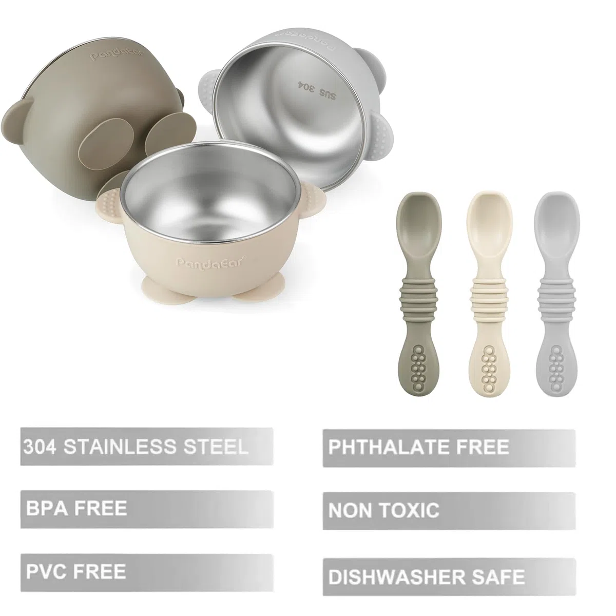 PandaEar Set 3 Ciotole Inox con Ventosa e 3 Cucchiai in Silicone | Ciotole Antiscivolo per Neonati e Bimbi, Perfette per Svezzamento BLW, Senza BPA (Lino, Marrone, Grigio)