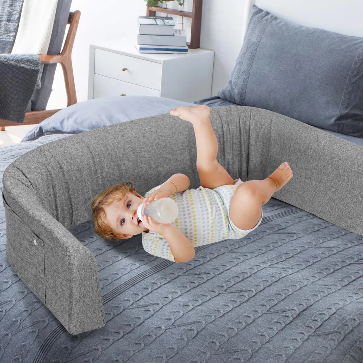 Ikodm Griglia di protezione per il letto, 200 cm, per bambini, regolabile in altezza, protezione per i bordi del letto, deformabile, ringhiera di sicurezza, per lettino, letto a molle, grigio, 9097