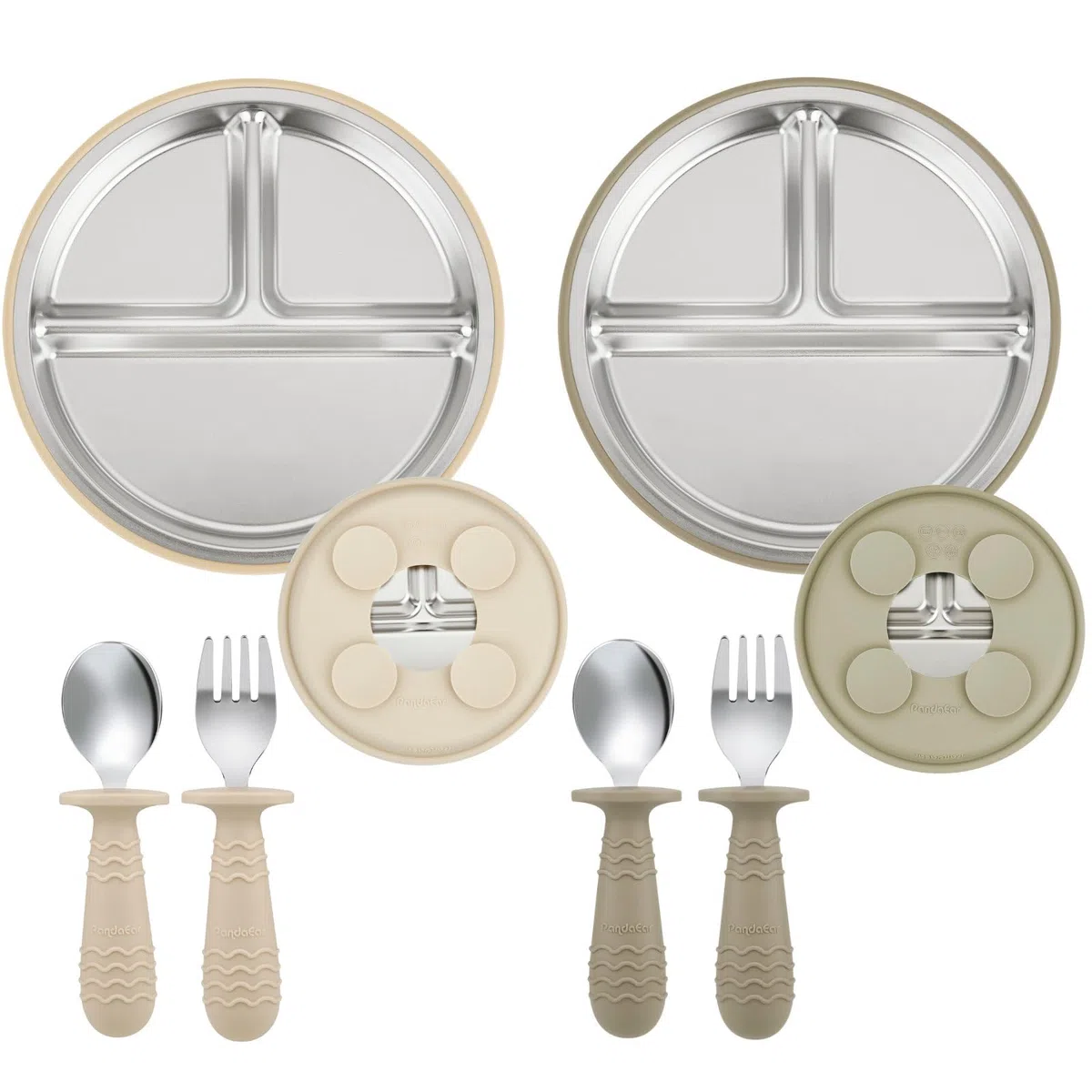 PandaEar Set da 2 Piatti in Acciaio Inossidabile con Ventosa per Neonati e Set da 2 Cucchiai e Forchette, Ustensili per Bambini, Piatti Divisi per Alimentazione Autonoma (Marrone chiaro/Noce)