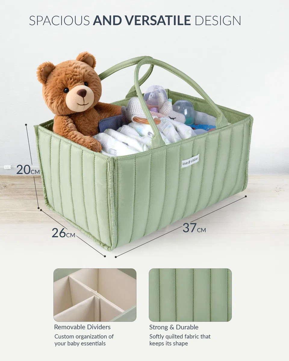 love & lullabies Organizer per pannolini, elegante cestino trapuntato per il cambio del bambino, essenziale per neonati, cestino per baby shower, organizer per future mamme (verde salvia)