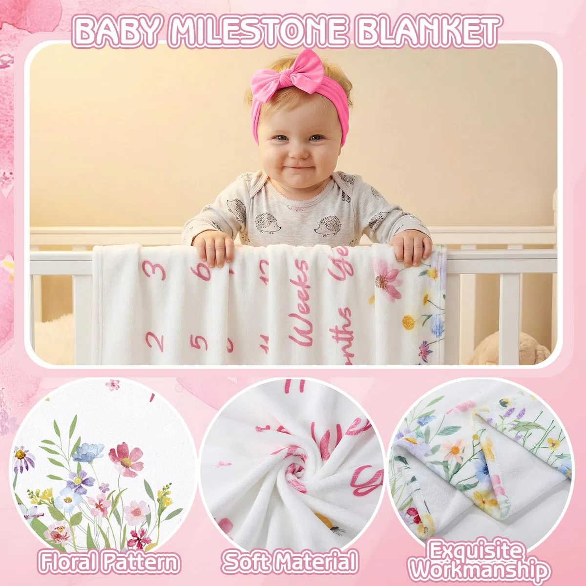 GSrenyu Coperta in flanella per bambini, con stampa floreale e fiocco, per neonati, ragazzi e ragazze, include cornice in feltro