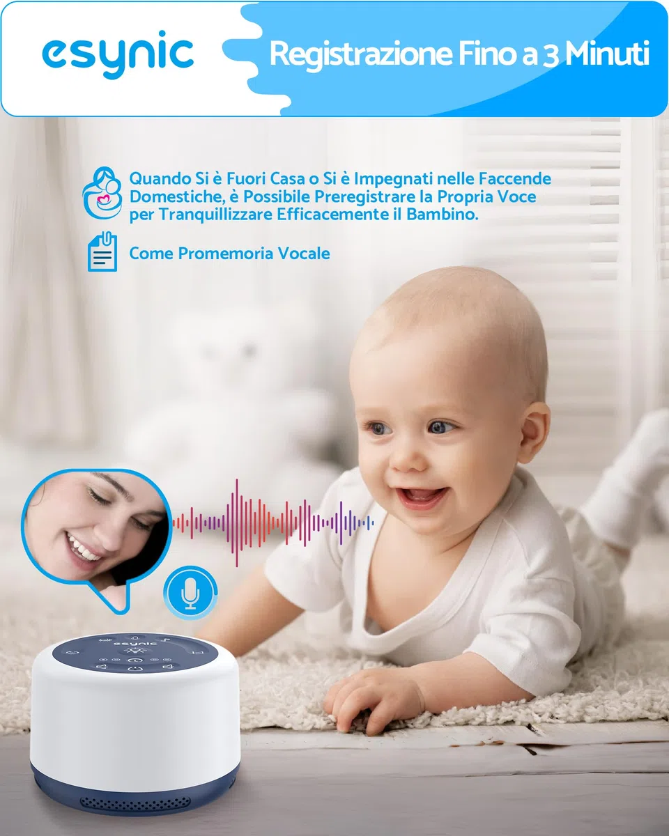 ESYNiC Rumore Bianco Neonato 30 Suoni con Luce Notturna 7 Colori Luminosità Regolabile Macchina Rumori Bianchi Ricaricabile Funzione Timer Memoria Registrazione Vocale per Bambini Adulti - Blu