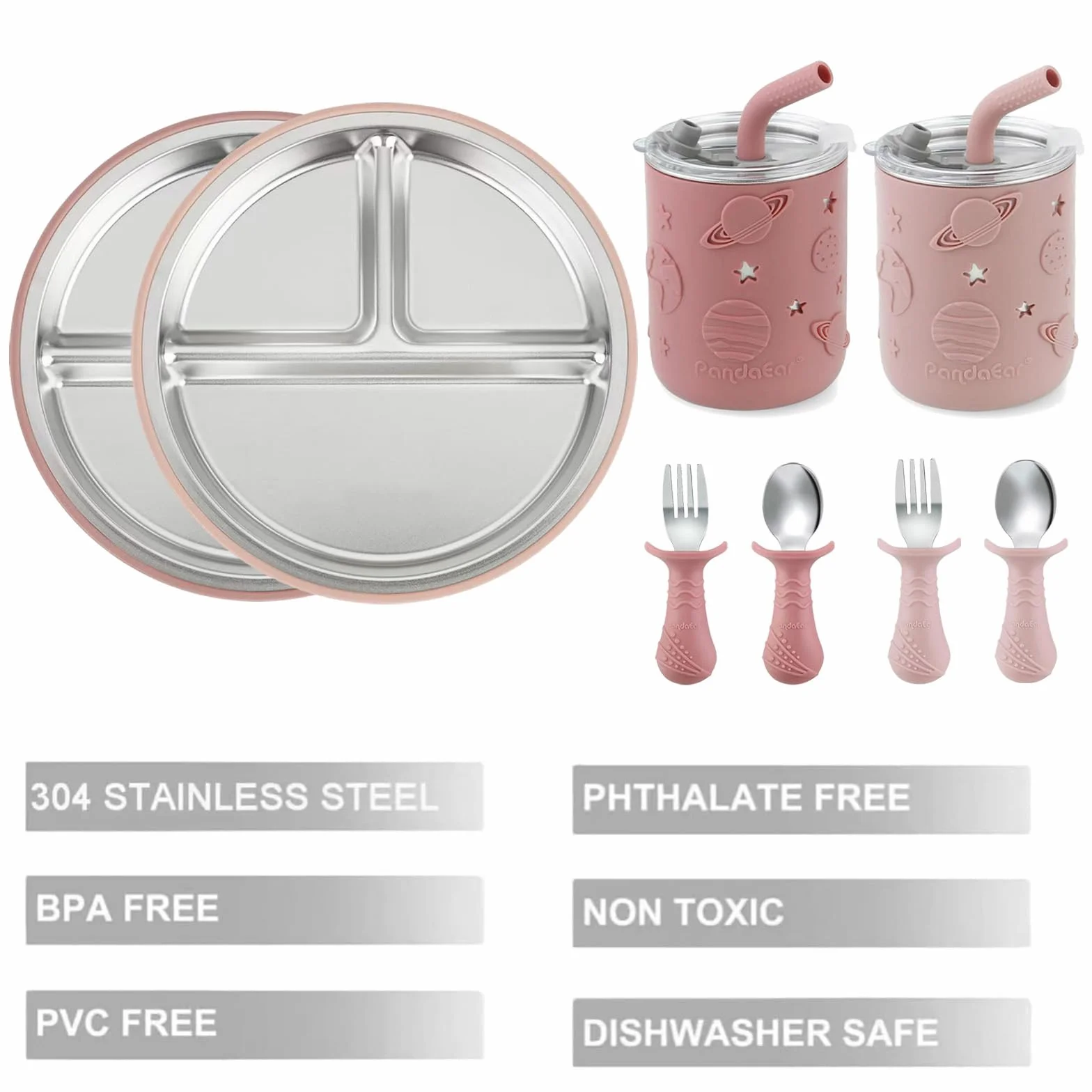 PandaEar Set Pappa Inox per Bambini | 2 Piatti con Ventosa Divisi, 2 Bicchieri Antigoccia con Cannuccia e Rivestimento in Silicone, 2 Forchette e 2 Cucchiai | Senza BPA (Rosa)