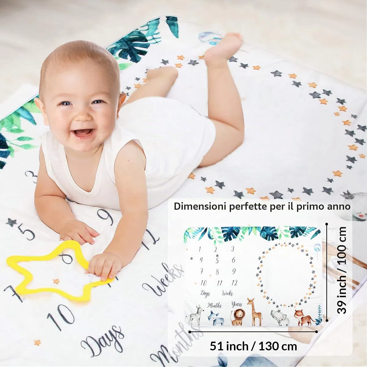 Coperta mensile per bambini, motivo pietra miliare per bambini, unisex, per immagini, leone, giraffa e zebra, con 4 cornici in feltro, Natale, nuove mamme e la crescita dell'età (101.6 x 127 cm)