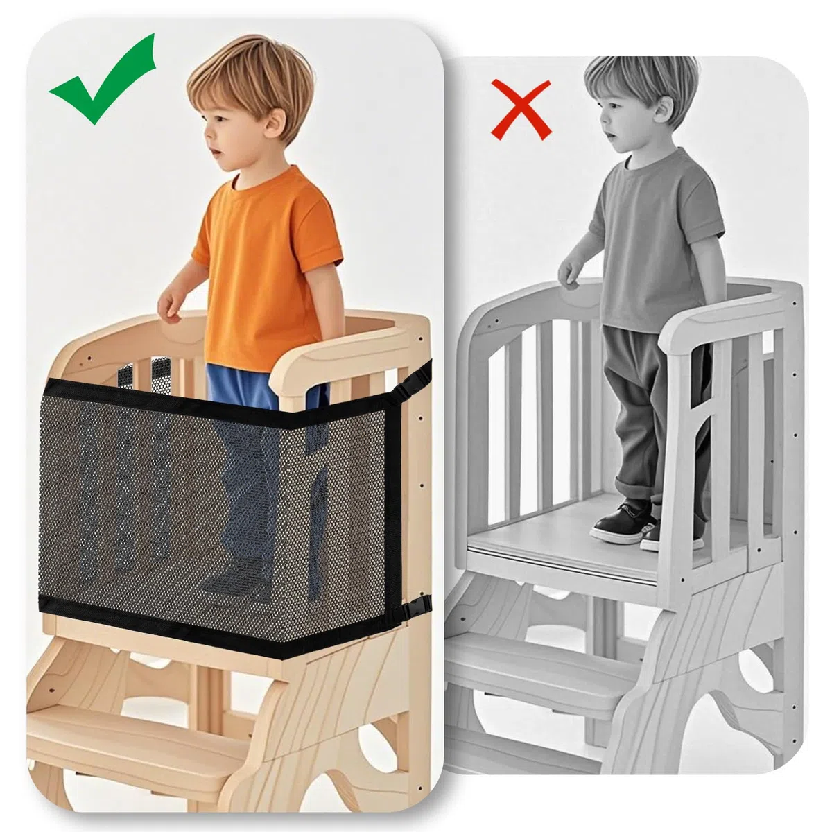 Lyreh Rete Sicurezza Per Torre Bambini, Doppio Strato Rete Sicurezza Torre Apprendimento & Scalino Cucina Aiutante Maglia Fitta Protezione 4 Lati per Gioco dei Bambini e Conservazione Giocattoli