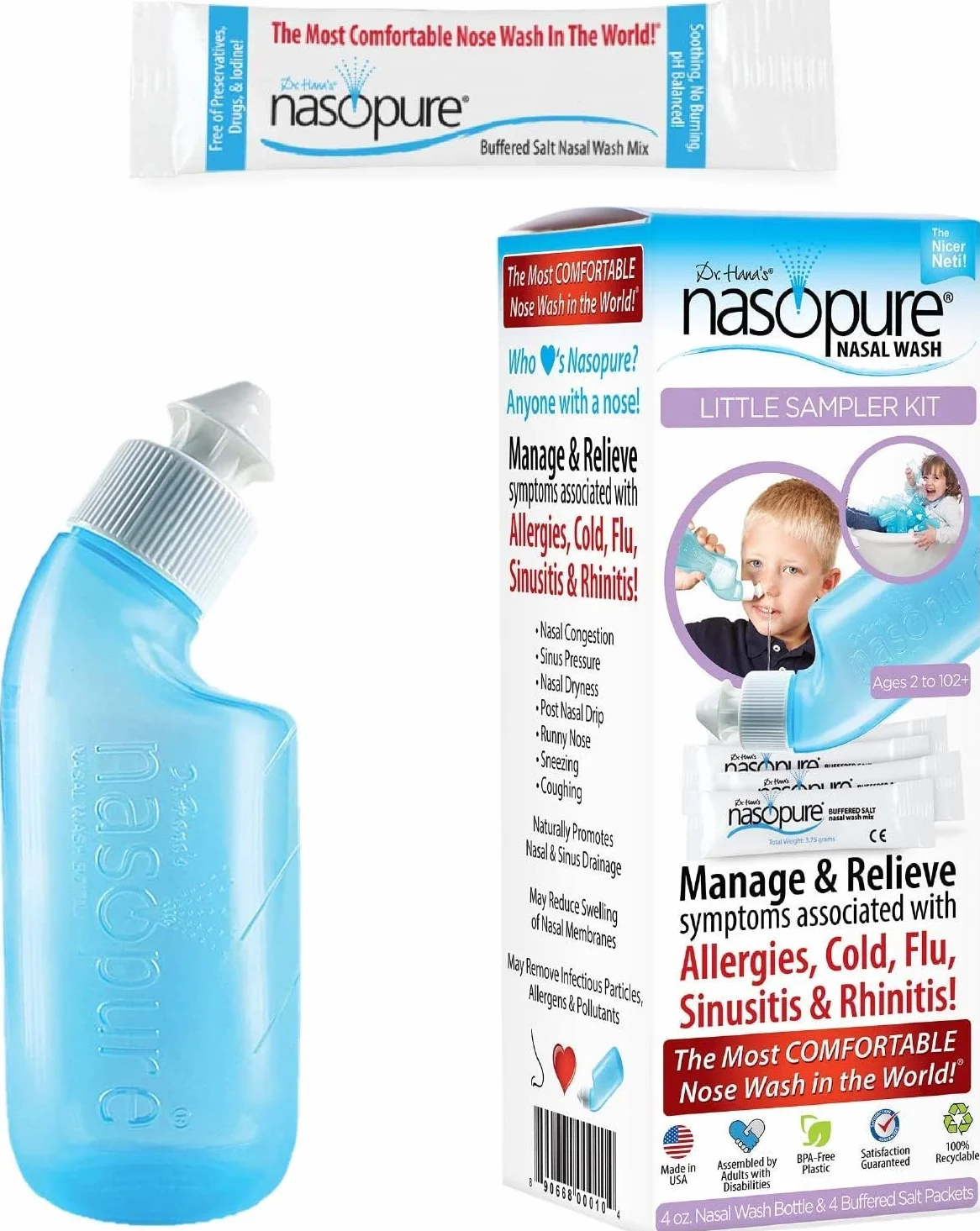 Dr. Hana's Nasopure Nasal Wash - Little Sampler Kit - Includes 1 x 4 oz Nasopure Bottle & 4 Nasopure Buffered Salt Packets