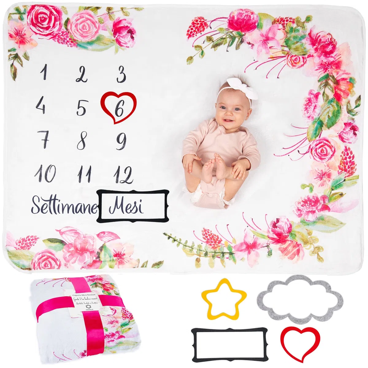 Coperta Mesi Neonato In Italiano | Tappeto Per Maschio O Femmina, Unisex | Tema Fiori E Foglie | Regalo Baby Shower Personalizzato Per Neomamme | Incluse Cornici